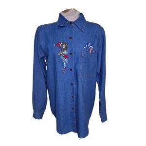 Vintage Tangibles Shirt Denim Button Down Embroidered Christmas Sz S long Sleeve